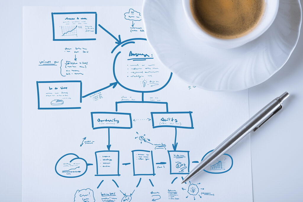Foto de taza con café, bolígrafo apoyados sobre un folio con un briefing para diseñadores